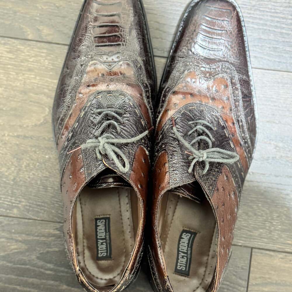 Stacy Adams Brown Leather Wingtip Croc Ostrich Embossed Oxford Armento 10 M